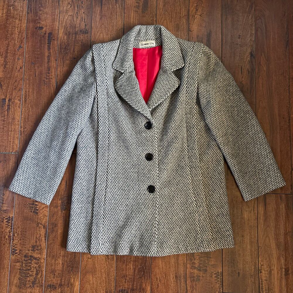 Vintage Herman Kay Herringbone Wool Blazer Womens L Gray 90s Career Business